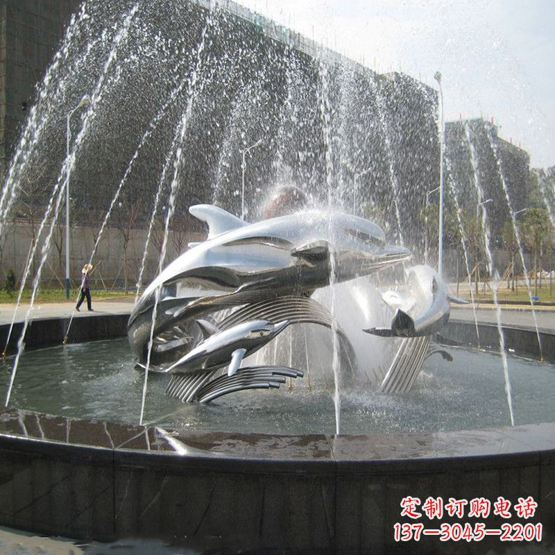 福建镜面不锈钢海豚喷泉睡觉动物雕塑