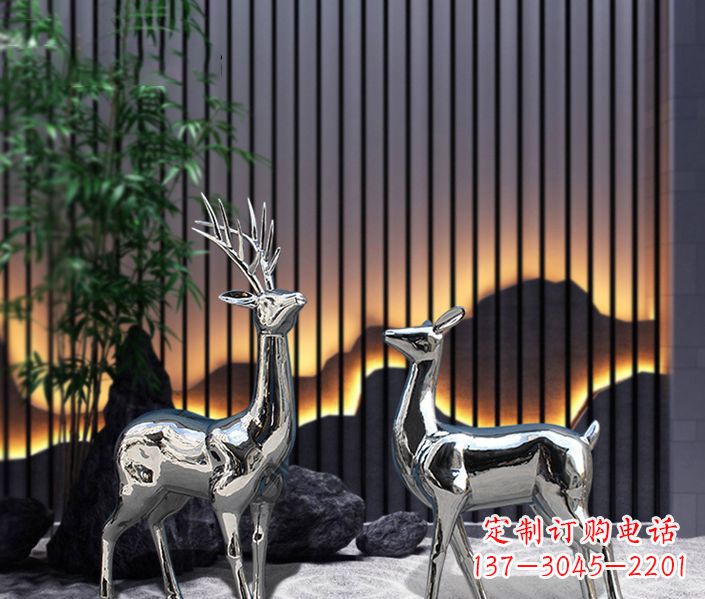 福建酒店镜面不锈钢梅花鹿雕塑,精美复刻精品