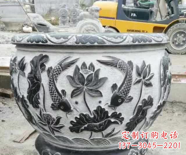 福建鲤鱼石浮雕水缸,清新雅致