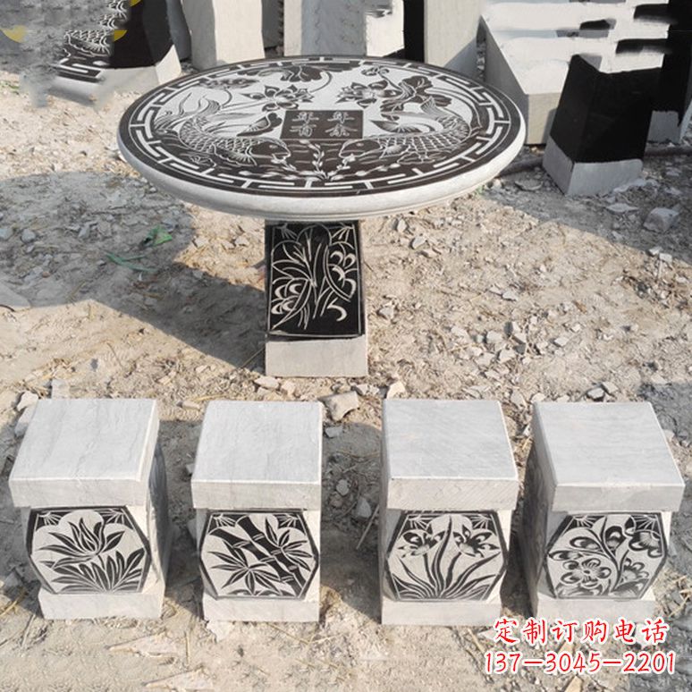 福建梅兰竹菊仿古方石桌凳雕塑,古朴典雅
