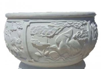 福建汉白玉松鹤延年浮雕水缸，带给您无尽的岁月美景