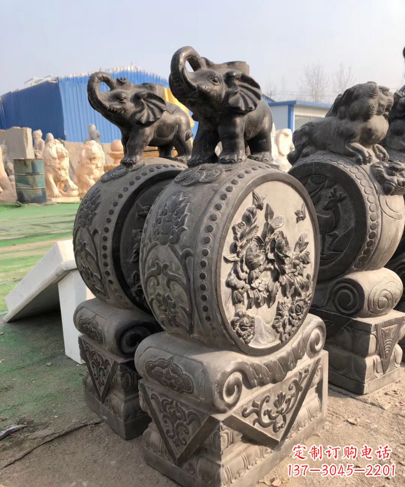 福建青石仿古福鱼抱鼓门墩雕塑