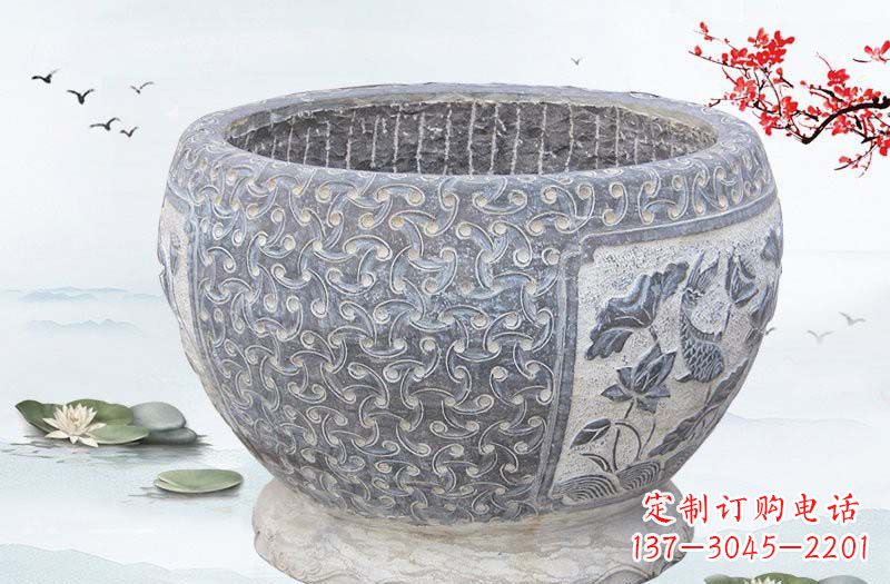 福建青石仿古鲤鱼浮雕水缸,精致雕塑设计
