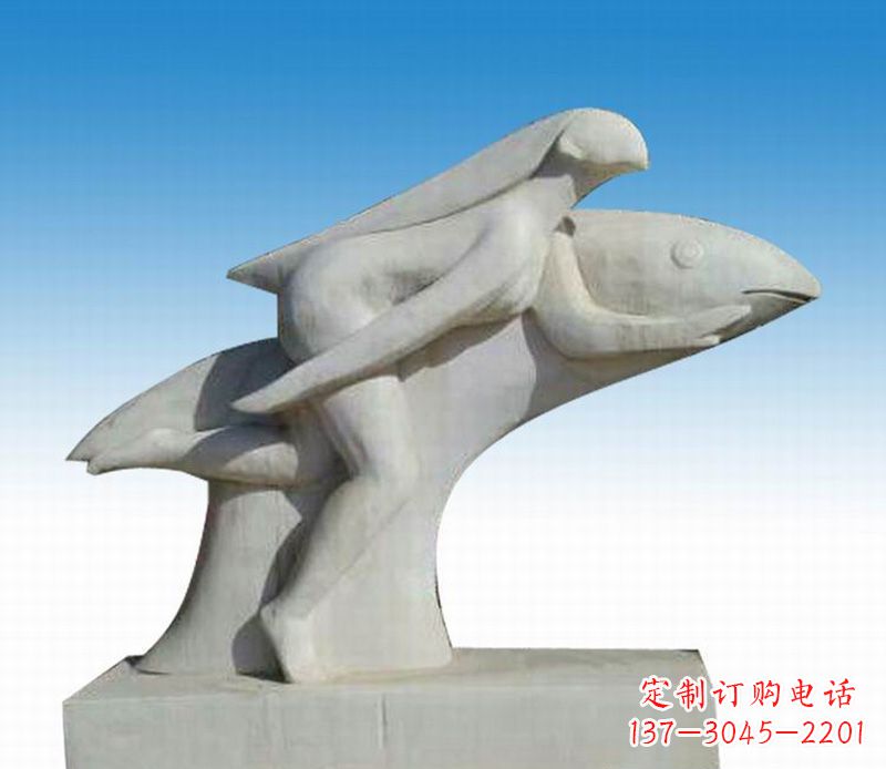福建石雕美女与海豚公园摆件