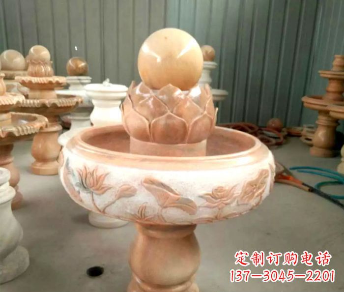 福建石来运转晚霞红风水球喷泉石雕