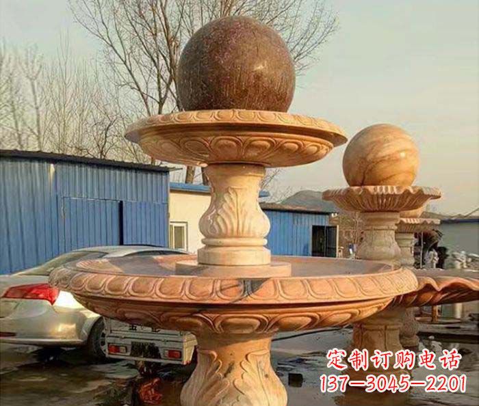 福建双层风水球晚霞红喷泉石雕