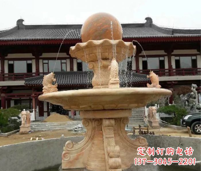 福建双层风水球喷泉晚霞红石雕