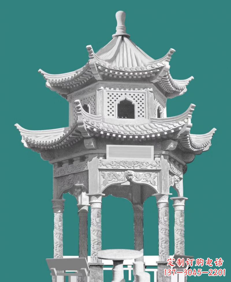 福建双层六角凉亭景观石雕