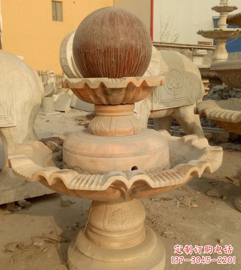 福建双层晚霞红风水球石雕
