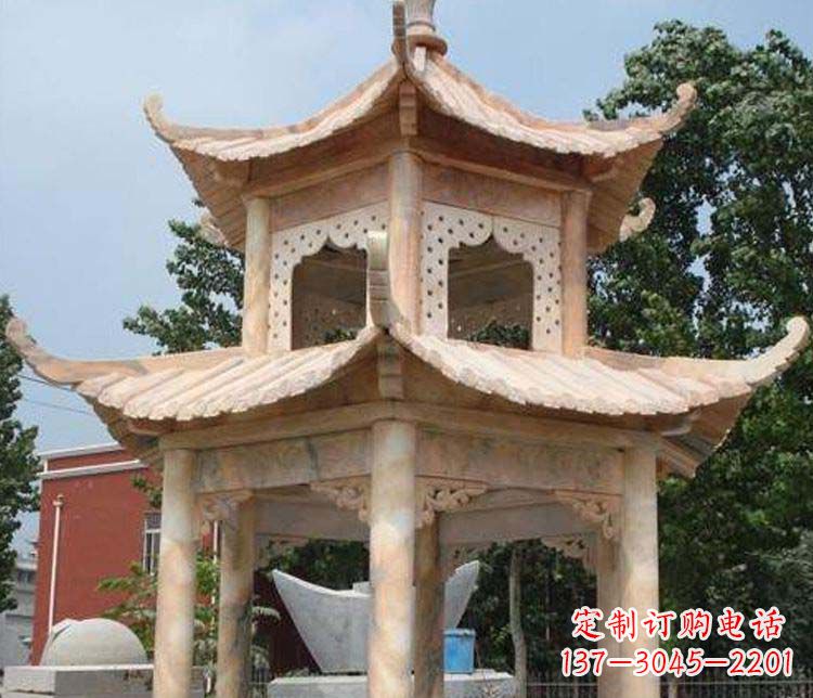 福建双层晚霞红凉亭石雕