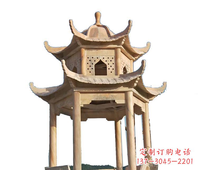 福建双层晚霞红凉亭石雕 (2)