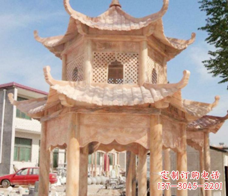 福建双层晚霞红石凉亭石雕