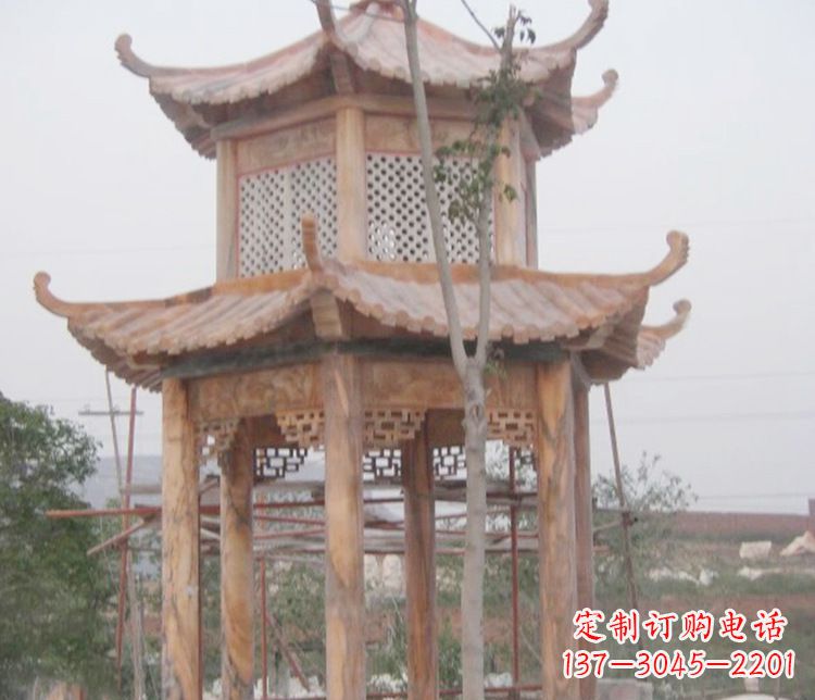 福建双层晚霞红石凉亭石雕 (2)