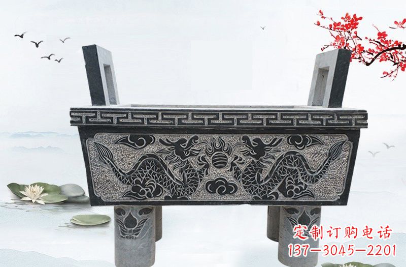 福建双龙戏珠浮雕石香炉