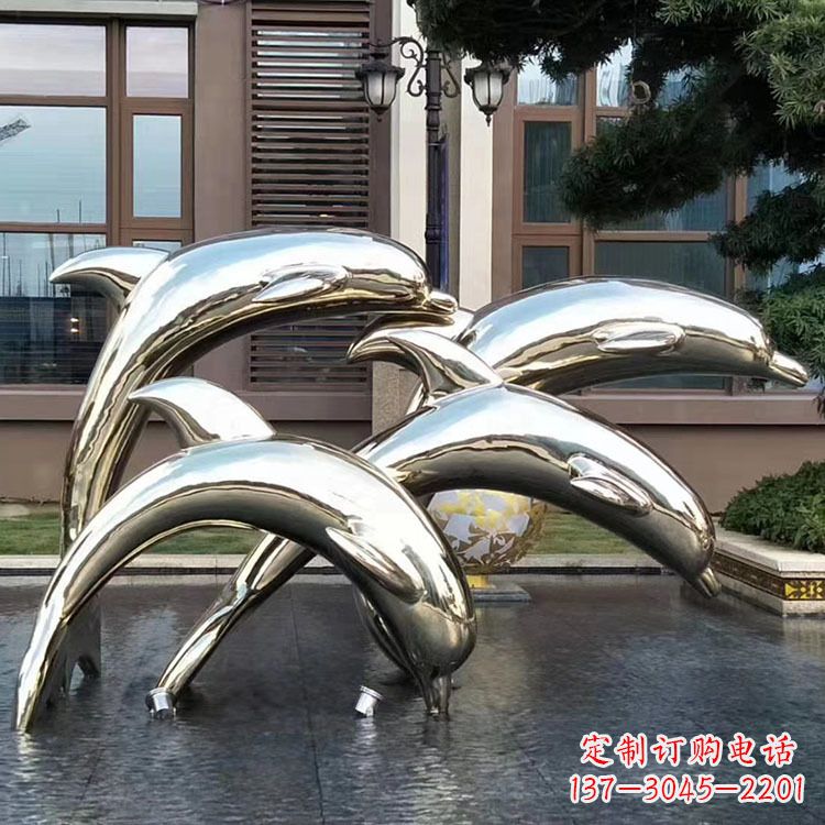 福建水景不锈钢海豚雕塑-城市广场创意动物雕塑