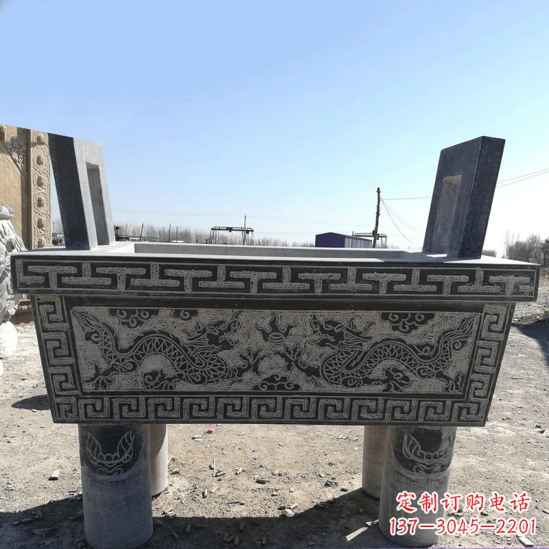 福建寺庙墓地祭祀四足方鼎，青石仿古石雕香炉