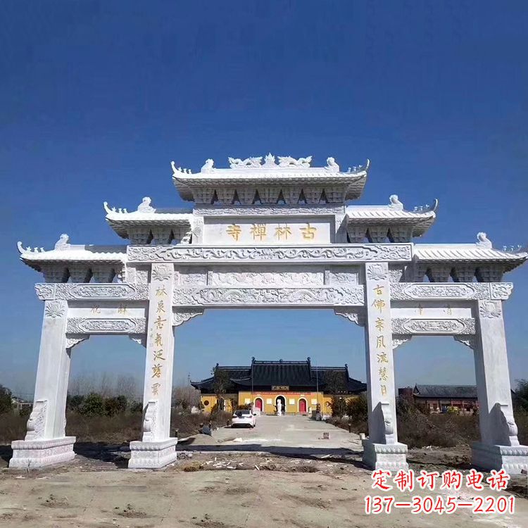福建寺院大门汉白玉石雕牌楼