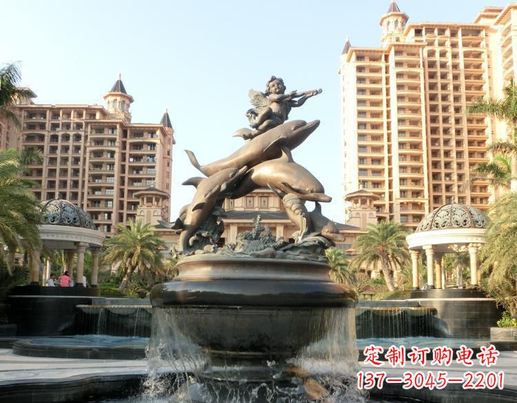 福建跳跃的海豚和小天使喷泉铜雕