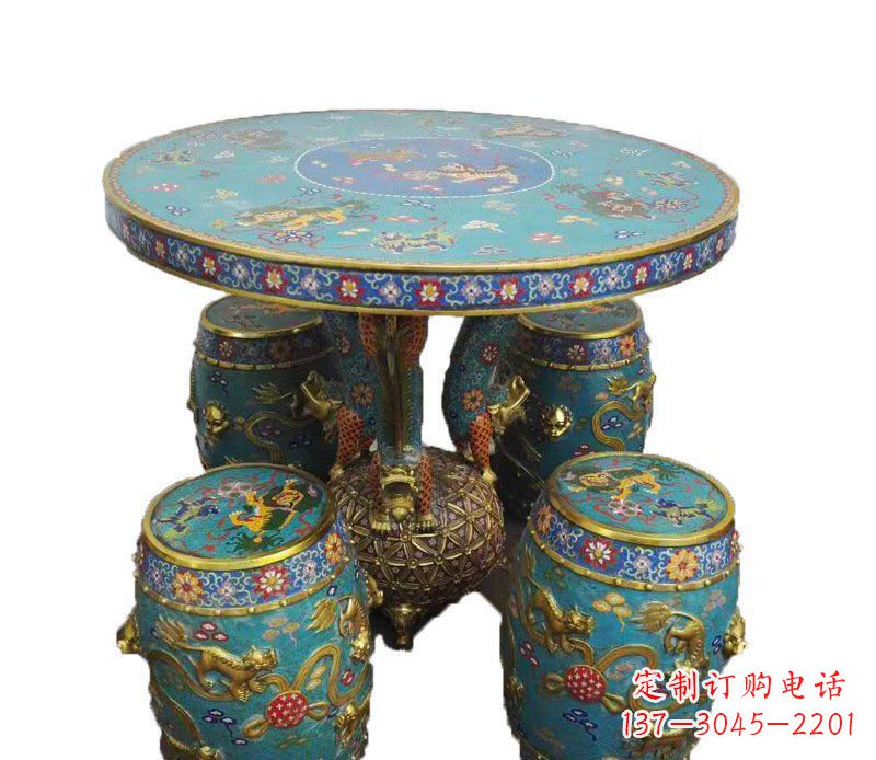 福建铜雕彩绘小象圆桌景观摆件