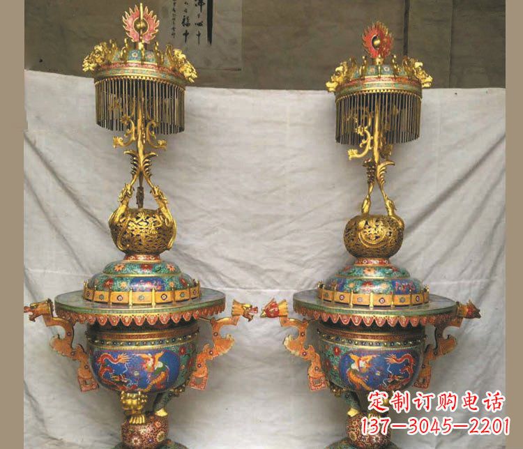 福建铜雕彩绘香炉景观摆件