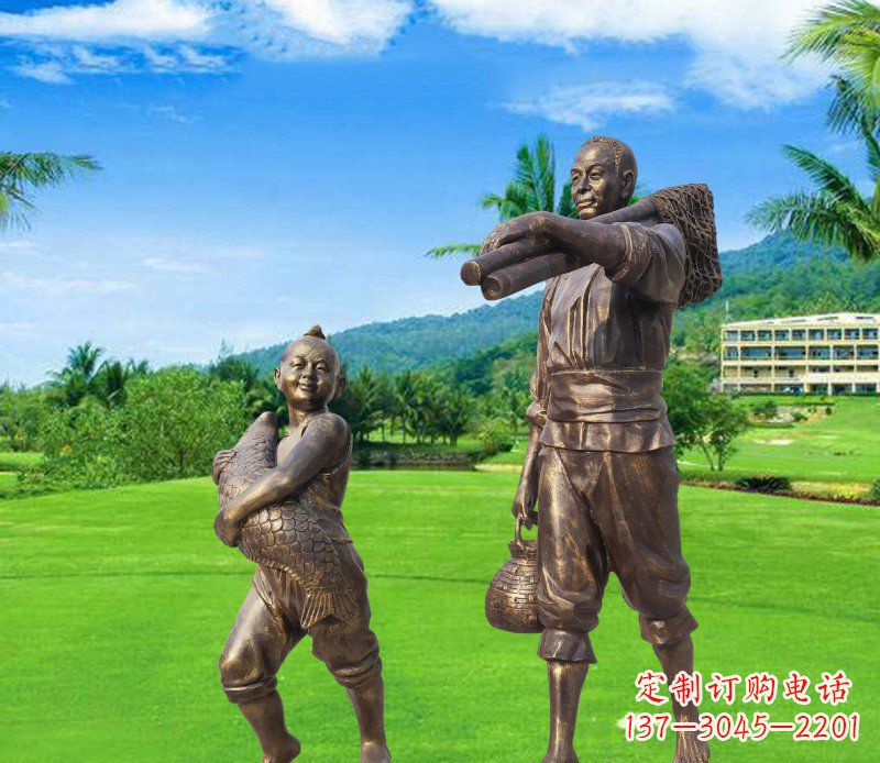 福建铜雕渔民父子人物雕塑