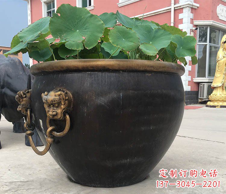 福建铜雕圆形荷花水缸雕塑 (3)