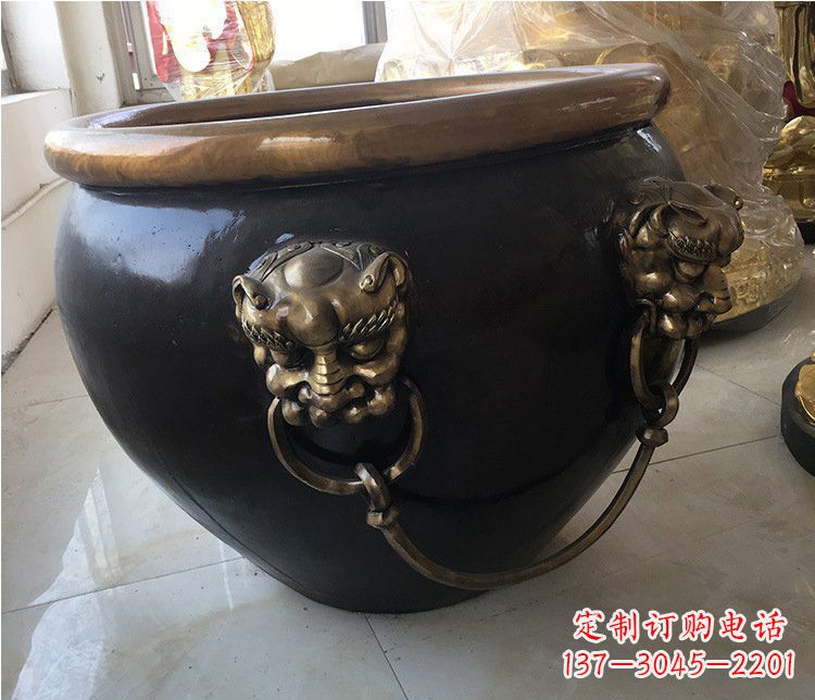福建铜雕圆形荷花水缸雕塑 (5)