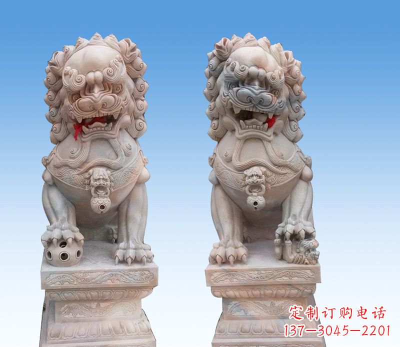 福建晚霞红踩球狮子石雕