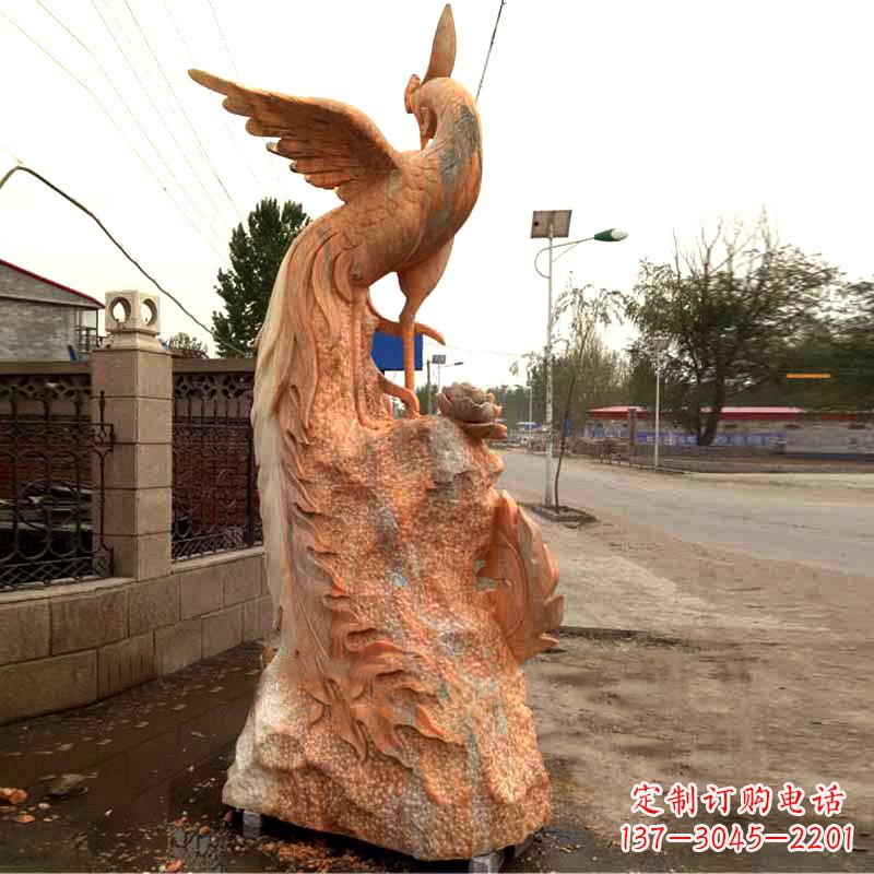福建晚霞红大理石瑞鸟凤凰雕塑