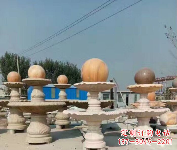 福建晚霞红多层风水球喷泉石雕