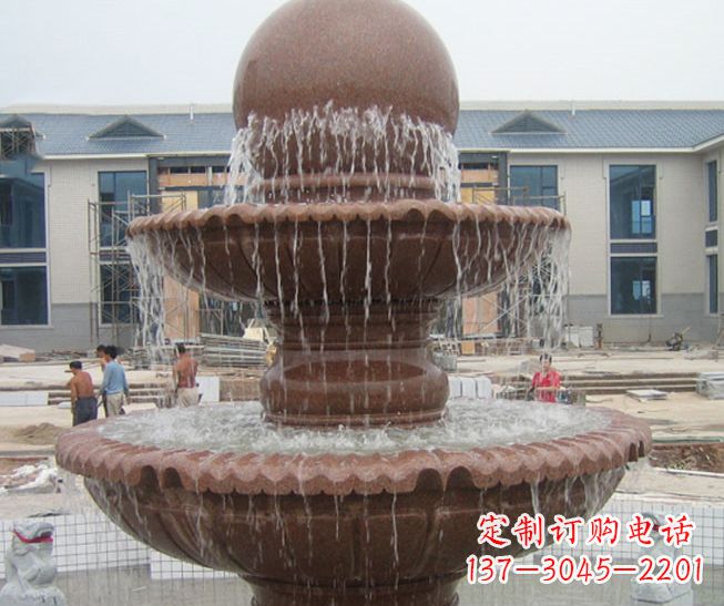 福建晚霞红风水球多层喷泉石雕 (2)