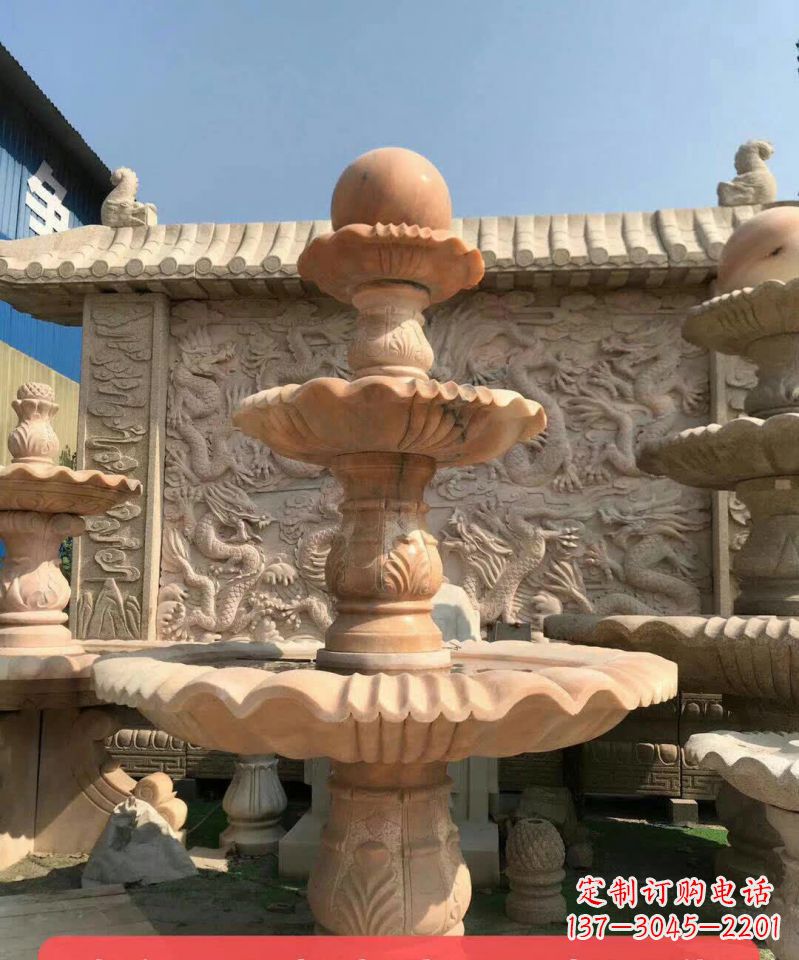 福建晚霞红风水球石雕喷泉