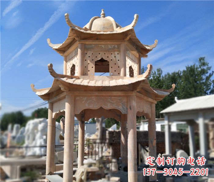 福建晚霞红公园双层六角凉亭石雕