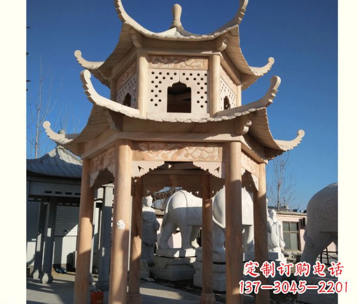 福建晚霞红公园双层六角凉亭石雕 (2)