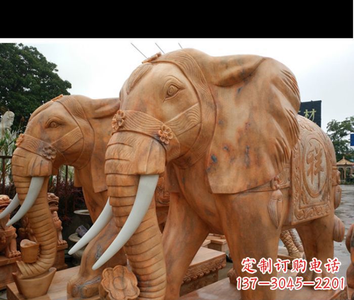 福建晚霞红吉祥如意门口镇宅招财大象石雕 (3)