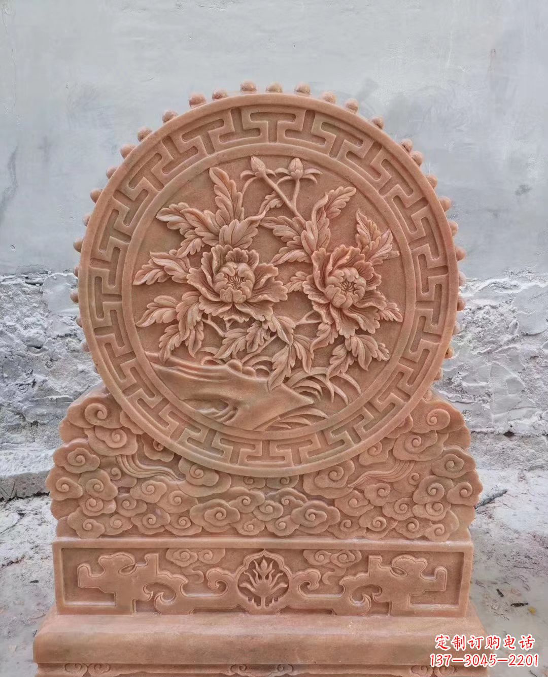 福建晚霞红牡丹花浮雕石门墩