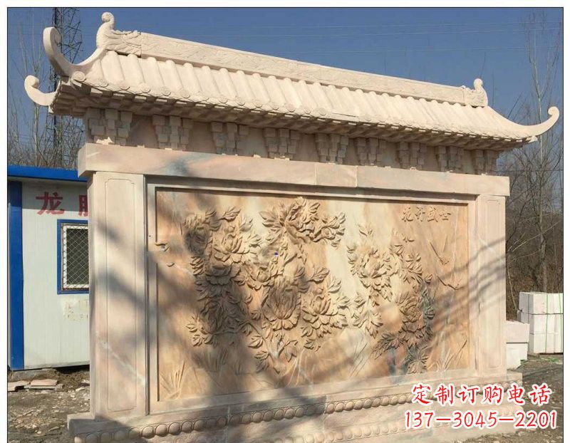 福建晚霞红牡丹花浮雕影壁