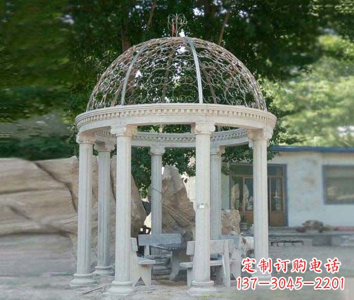 福建晚霞红欧式圆顶石雕凉亭