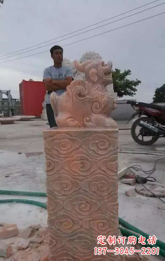福建晚霞红貔貅石门墩