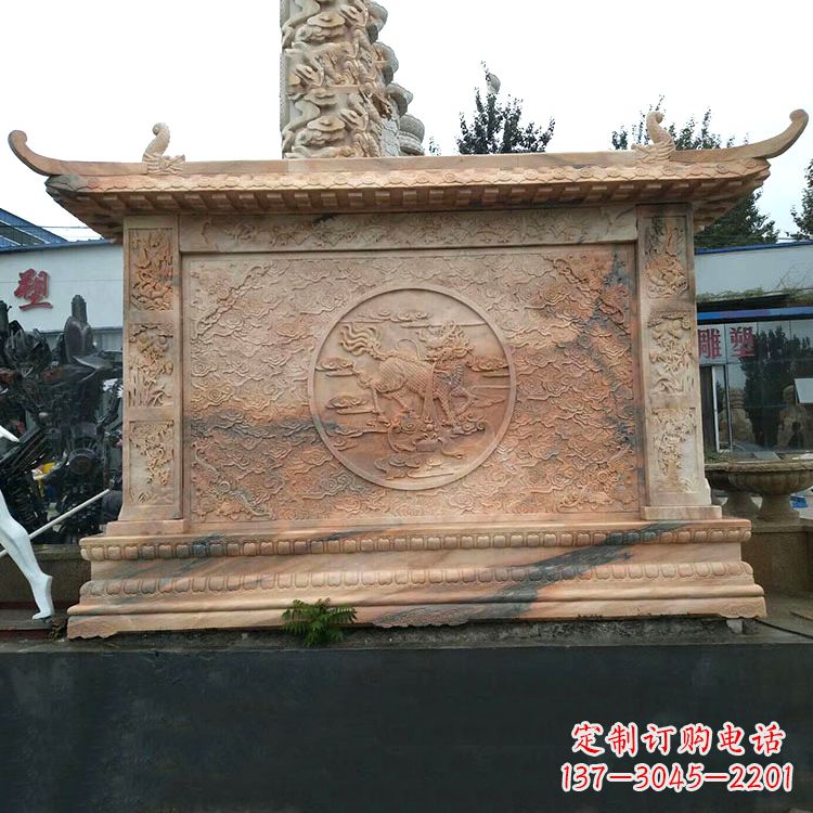 福建晚霞红麒麟影壁墙石雕