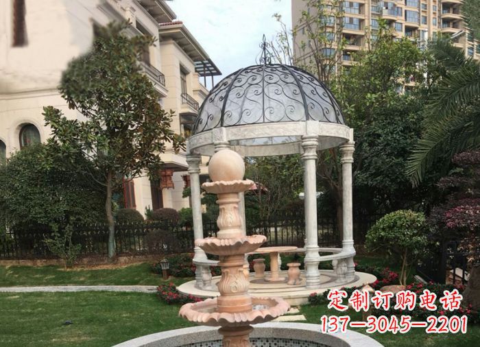 福建晚霞红三层风水球喷泉小区石雕