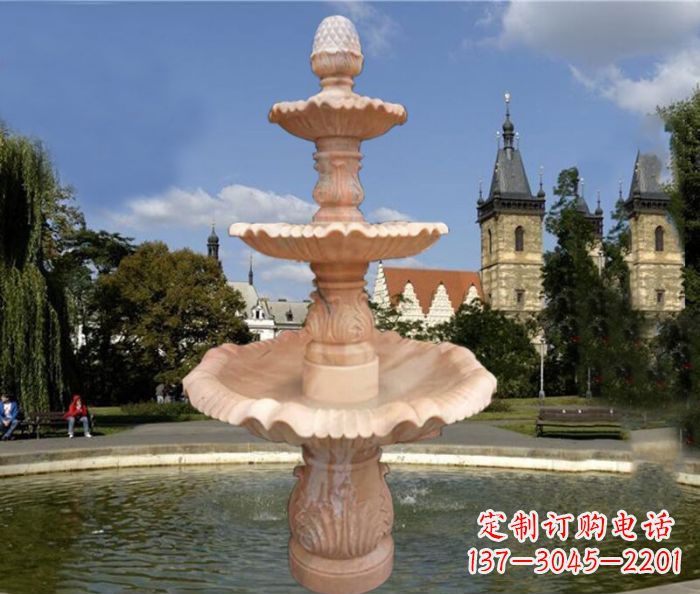 福建晚霞红三层喷泉广场石雕