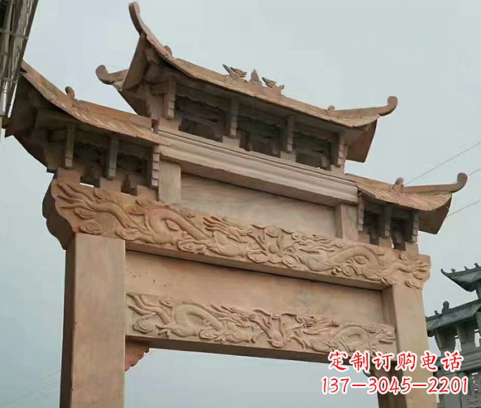福建晚霞红石雕单门牌坊