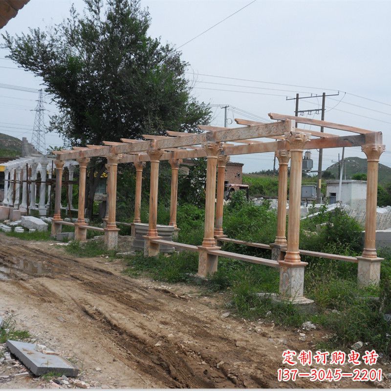 福建晚霞红石雕花架长廊