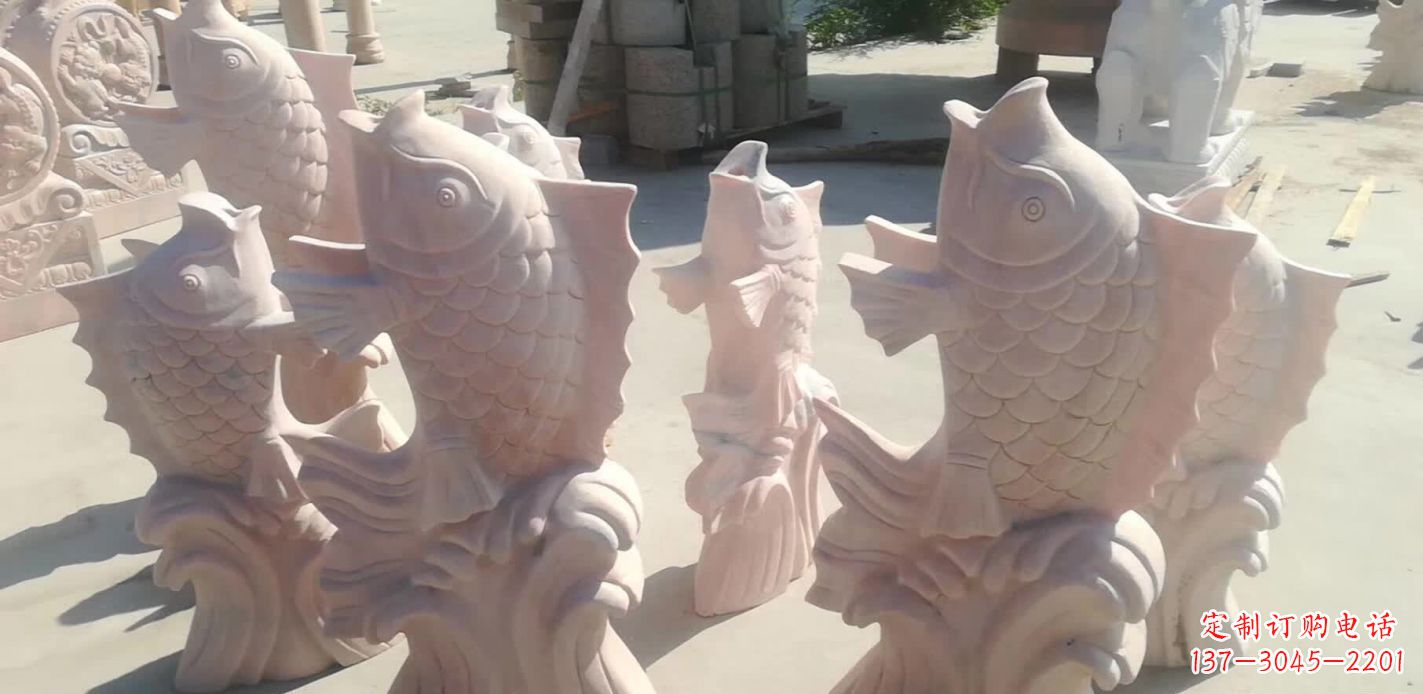 福建晚霞红石雕鲤鱼喷泉