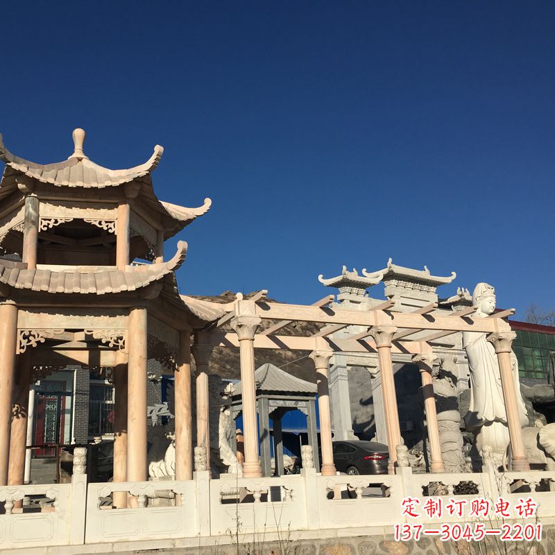 福建晚霞红石雕凉亭花架