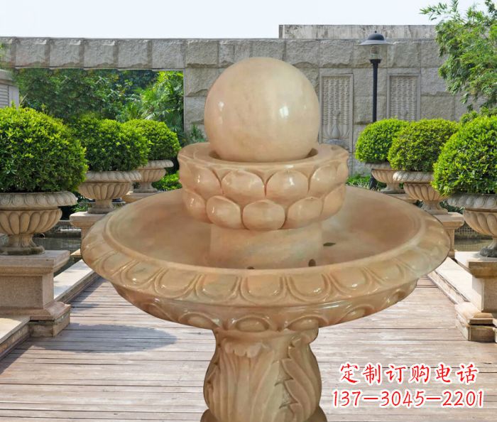 福建晚霞红双层风水球公园喷泉石雕 (2)