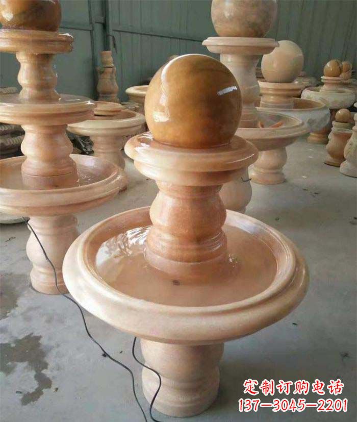 福建晚霞红双层风水球别墅喷泉石雕