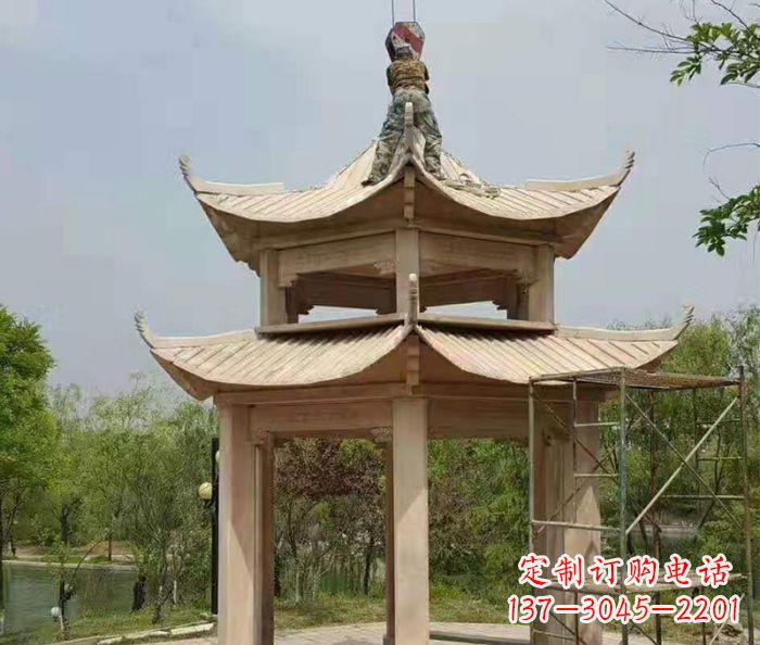 福建晚霞红双层凉亭石雕 (2)