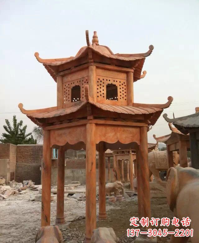 福建晚霞红双层凉亭石雕